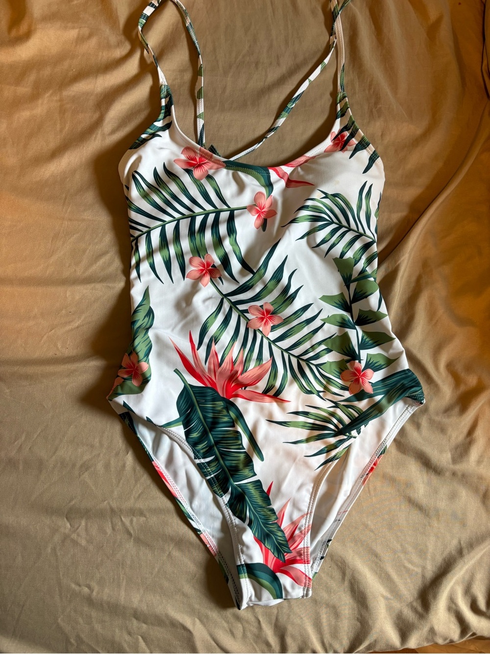 SHEIN White One-Piece Swimsuit with Green Tropical Leaves and Pink Flowers